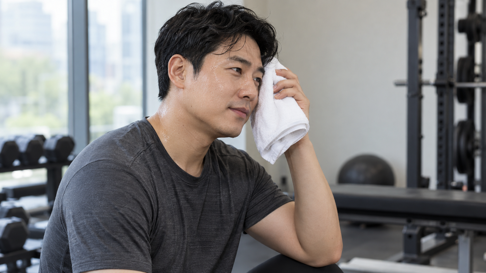 운동 공간에서 얼굴에 땀이 맺힌 남성이 관자에 흰 수건을 대고 있는 모습