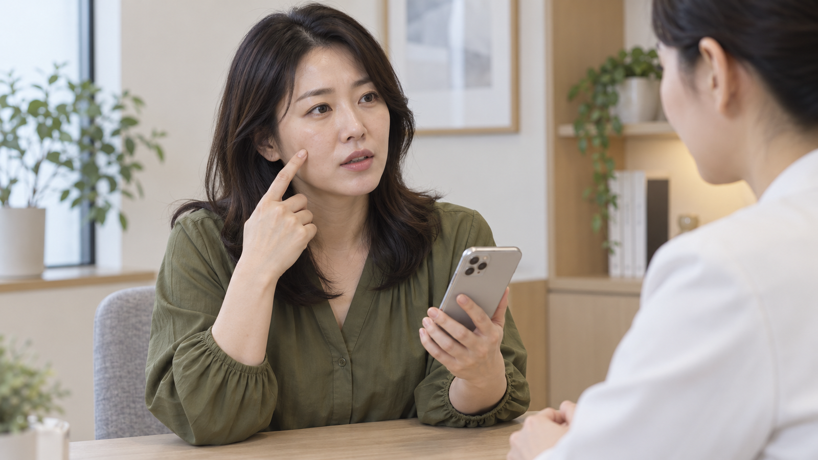 휴대전화를 들고 볼을 가리키며 맞은편 사람과 대화하는 여성