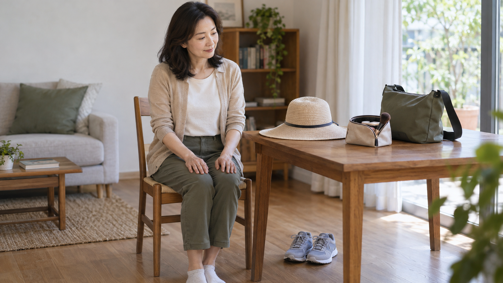 양손을 무릎에 놓고 앉은 여성과 탁자의 모자·화장 파우치·가방, 바닥의 운동화