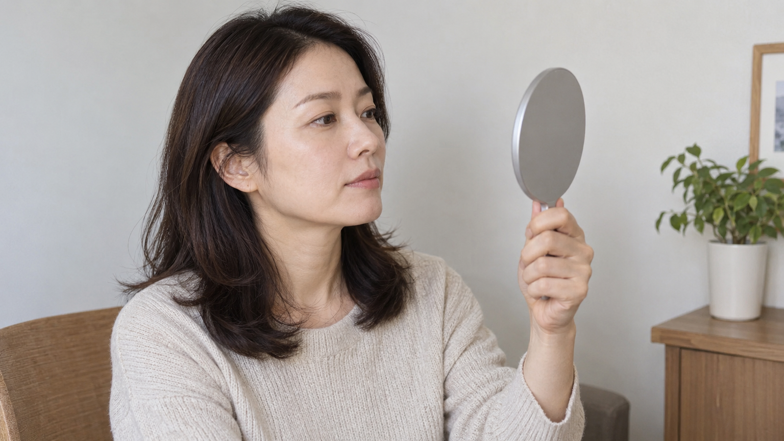 손거울을 들고 자신의 얼굴을 살피는 성인