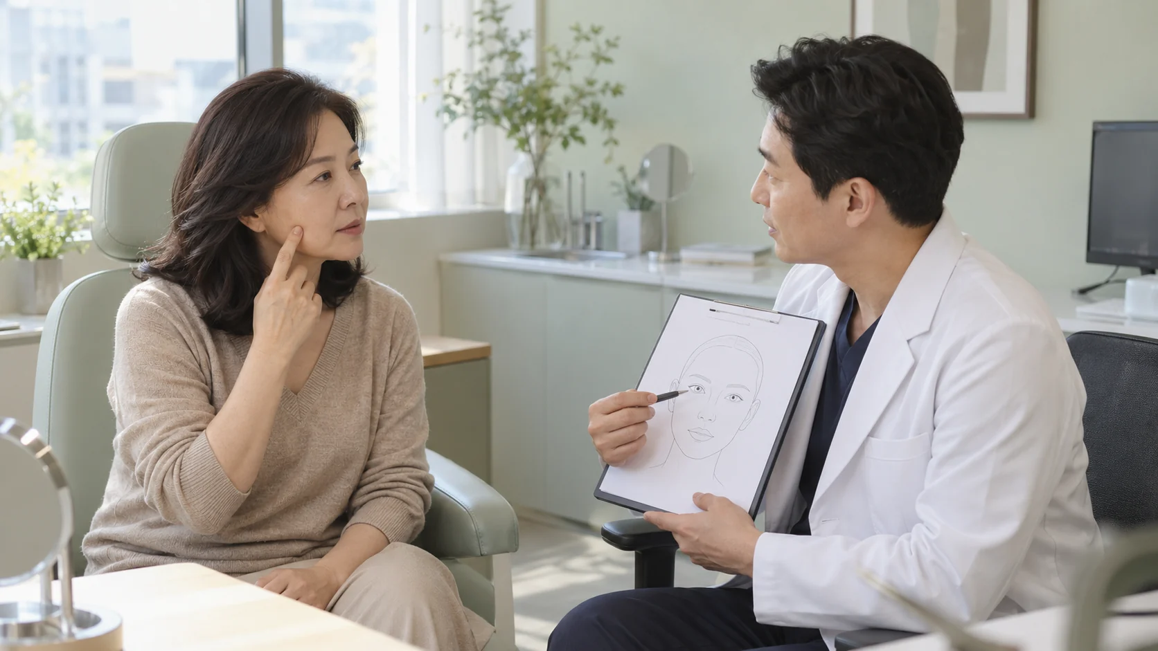 필러 제품과 부위 및 시기를 의료진과 확인하는 상담 장면