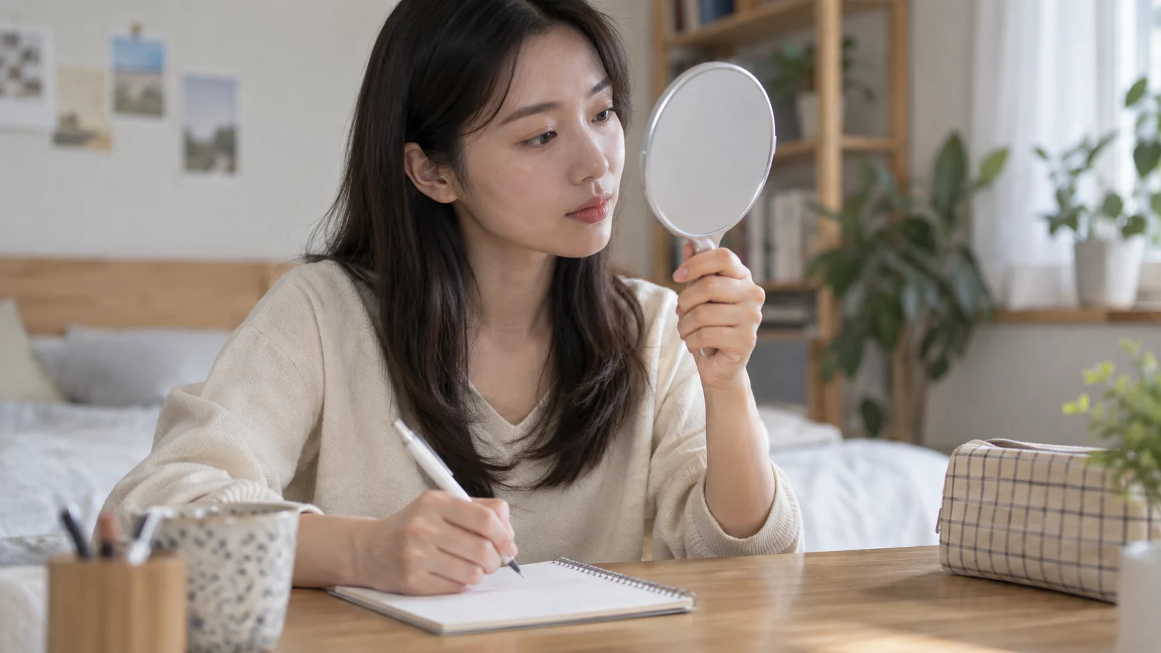 손거울로 얼굴을 살핀 뒤 관찰한 내용을 노트에 적는 모습