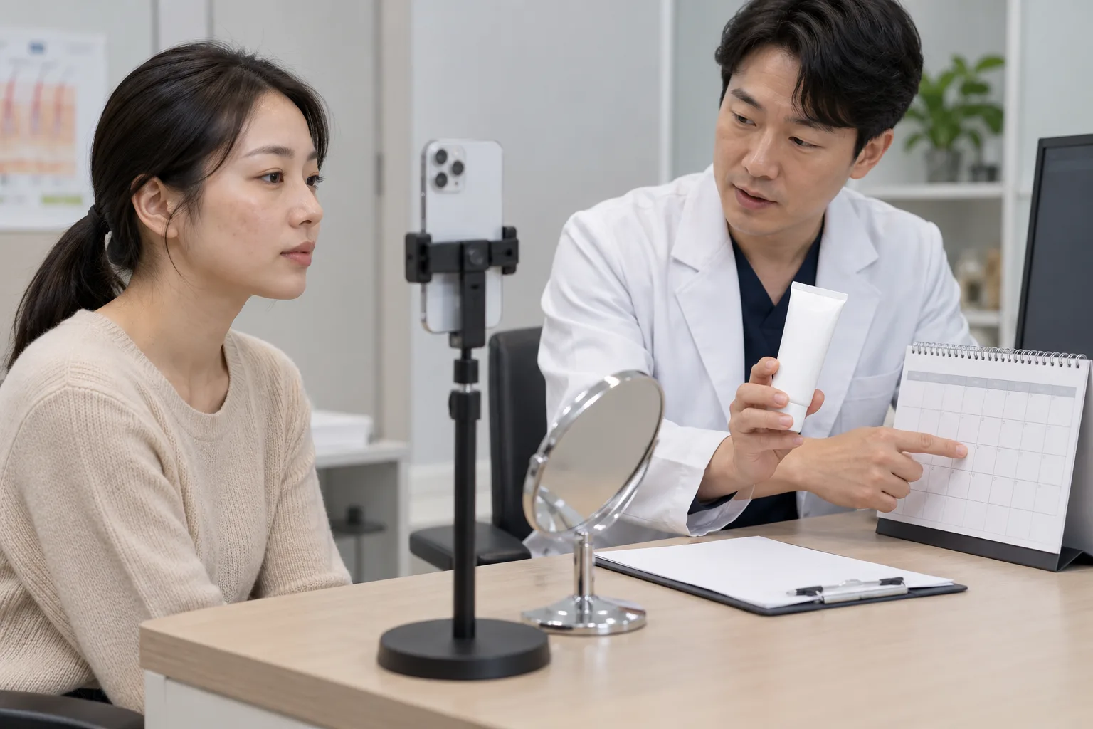 고정된 거리에서 피부 사진을 남기고 자외선 차단과 경과 확인 일정을 상담하는 모습