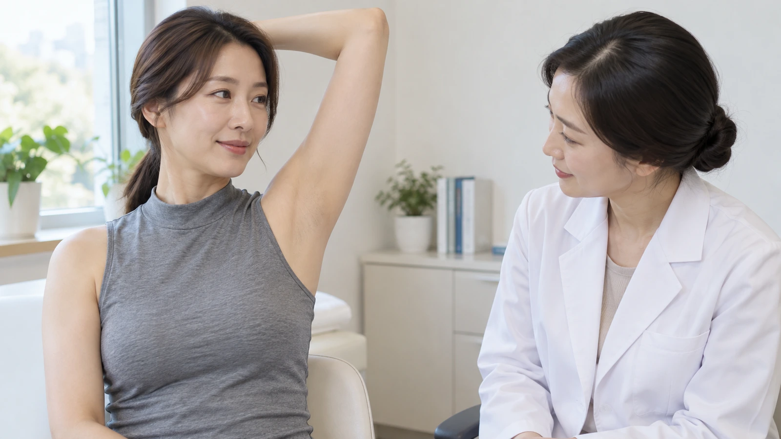 팔을 올린 성인 여성의 겨드랑이를 흰 가운의 진료자가 접촉 없이 살펴보는 모습